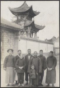 Kuyuan, Kansu.  S.A.M. station.  Group of Christians.  Tower of mission compound.