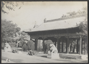 [China.  Cannon and stone lions in front of pavilion]