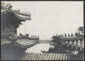Summer Palace.  (Roof details showing ornaments with Shiqikong Qiao in background).