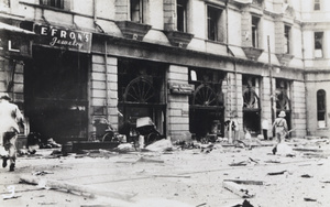 Debris outside the Palace Hotel, Nanking Road, Shanghai, after the bombing on 14 August 1937