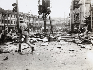 Aftermath of bombing, Avenue Edward VII and Yu Ya Ching Road, Shanghai, 14 August 1937