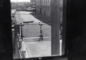 View of Sihang warehouse (四行仓库), from Blockhouse 'F' beside Yu Ya Ching Road Bridge (西藏路桥), Shanghai, 1937