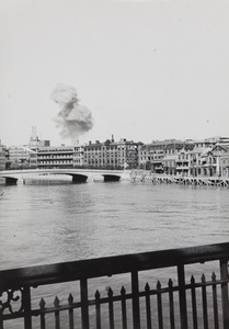 Bomb exploding behind General Hospital, Suzhou Creek, Shanghai, 1937