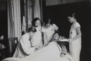 Injured soldier being treated in hospital, Shanghai, 1937