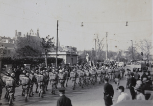 Japanese infantry taking part in victory parade through International Settlement, Shanghai, 1937