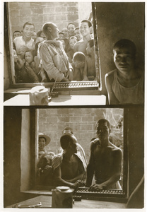 Two photographs: A curious crowd looking through a window at foreigners (some children frightened by the camera)