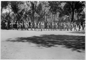 Eighth Route Army soldiers marching across a parade ground, Jinchaji