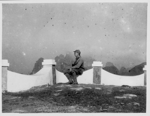 Michael Lindsay (林迈可) at the war memorial on Mount Langya (狼牙山 Wolf's Tooth Mountain), near Baoding, Hebei, 1942