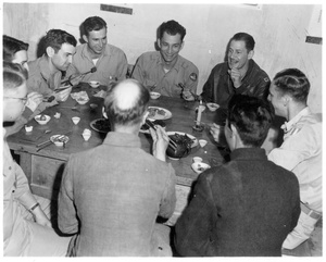Michael Lindsay (林迈可) and American air crew (USAAF) having a meal, with chopsticks