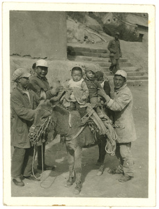 Jiaojichu children on a mule, with muleteers, Yan'an (延安)