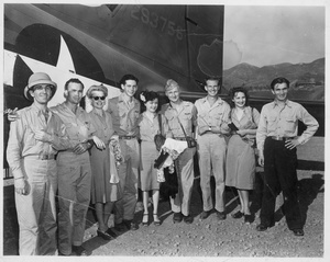 Ann Sheridan's USO entertainment troupe on tour of US Army bases in China, with aircrew and a USAAF Douglas C-47 Skytrain (Dakota), May 1944