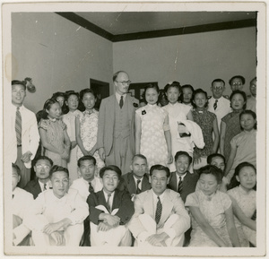 The engagement party for Michael Lindsay (林迈可) and Hsiao Li Lindsay (李效黎), with staff and students, Yenching University (燕京大學), Beijing (北京), May 1941