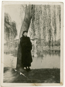 A woman by a willow tree at a lake
