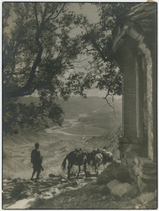 A soldier and mules by a wayside shrine, at a pass, going south from Pei Chu Ma Ho valley