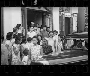 Wedding guests emerging from the venue, by a Dodge Brothers sedan car, Yenching University (燕京大學), Beijing (北京)