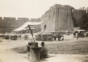 Peking Carts and street food sellers by the ‘Gate of Victory’ and city walls, Shenyang