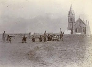 Madras Pioneers (British Indian troops) at 'Maxim' gun drill, near the new Union Church, Tianjin