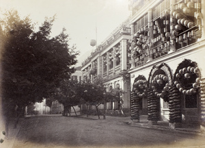The Hong Kong Dispensary, Queen's Road, decorated for Prince Alfred's visit to Hong Kong