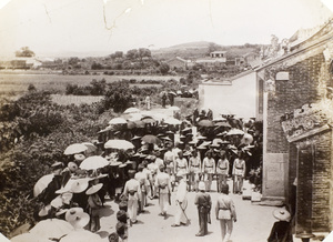 Sikh troops and onlookers outside a temple, New Territories, Hong Kong