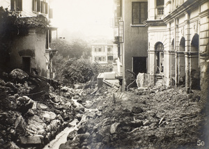 Damage caused by the 19th July 1926 rainstorm, on path from Kennedy Road to Tramway Path, Hong Kong