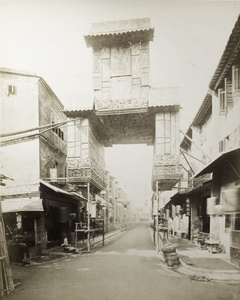 A Chinese street and the temporary decorative gateway, Hong Kong