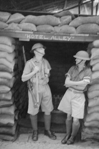 British soldiers at entrance to 'Hotel Alley', Shanghai