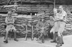 British soldiers outside sandbagged guard post, Shanghai
