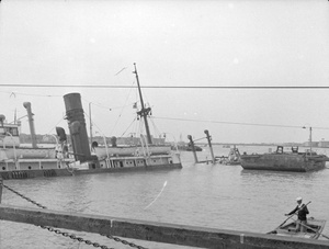 Sunk steamboat, Shanghai, April 1938