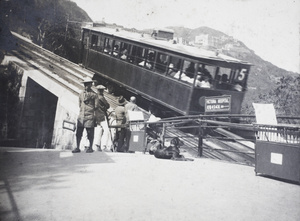 Downhill tram entering Barker Road/Plantation Road Station, Peak Tramway, Hong Kong