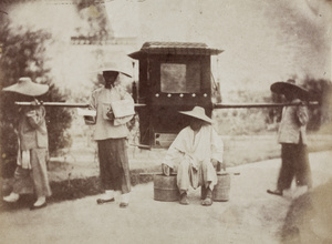 Sedan chair, chair bearers, man with leaflets, and a pail carrier, Shanghai