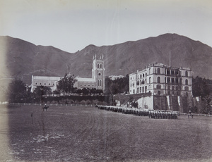 British army regiment on parade ground below St John's Cathedral and Hongkong and Shanghai Banking Corporation building